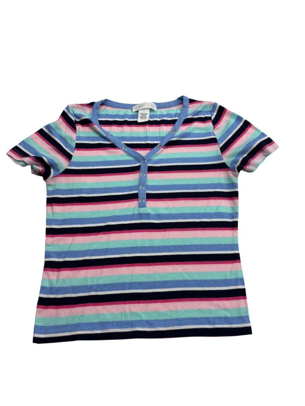 Planet Gold Womens Striped Ribbed Tee Shirt Short Sleeve Size L